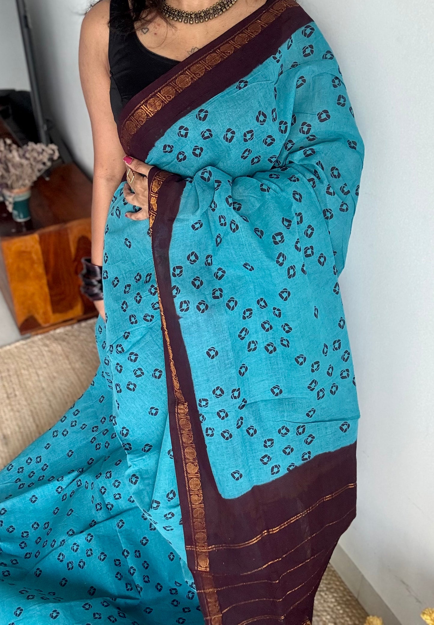 Blue with brown, printed sungudi, madurai cotton - YCCOTNOCSC16