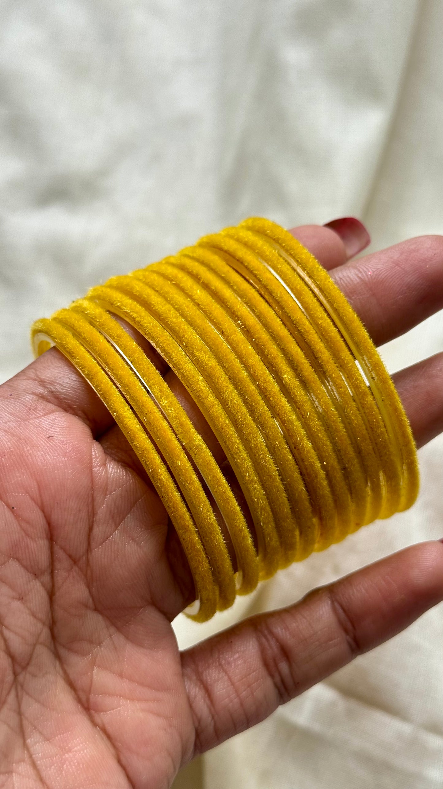 Yellow velvet glass bangles, set of 12 - YCBANGL373
