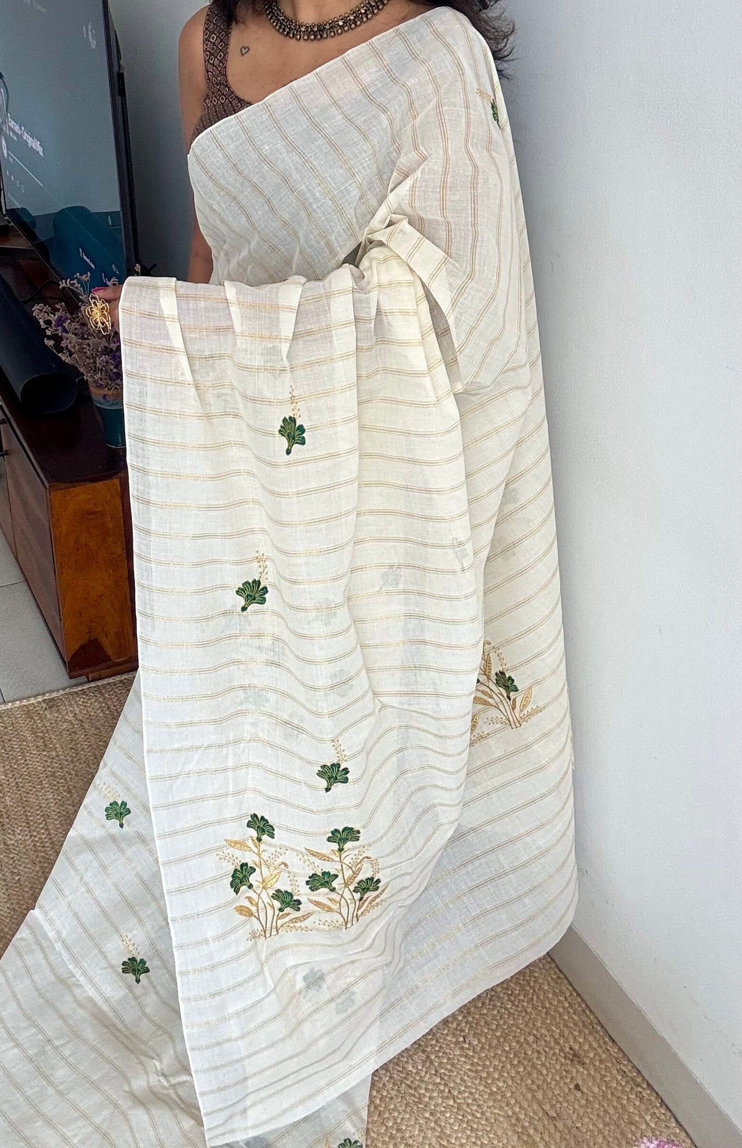 Ivory and gold with green flower embroidery, striped zari, kerala cotton - YCON25KCSFE260