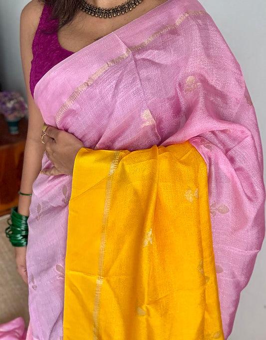 Pink yellow dual tone in viscose soft silk with satin border, jacquard zari motifs - YCDOSFE196