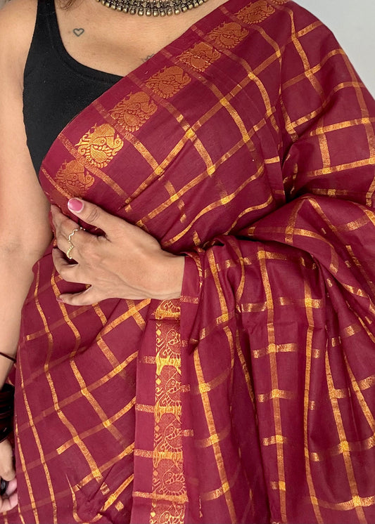 Maroon pavithra kattam kattuchayam dyed madurai cotton saree - YCCOTNMSAP207