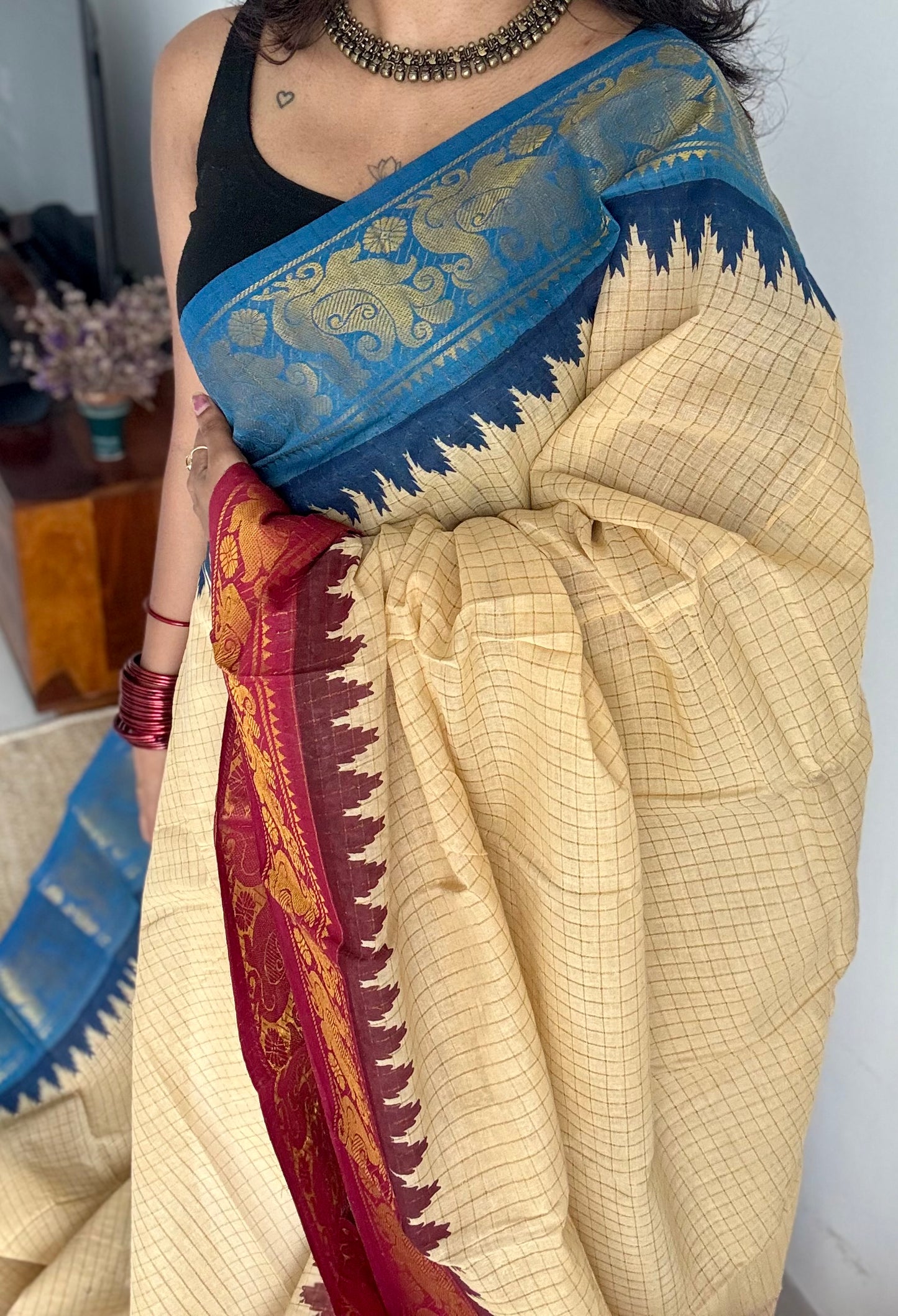 Blue - maroon sungudi cotton checks, sandal colour base, soft cotton - YCCOTNJSUN02