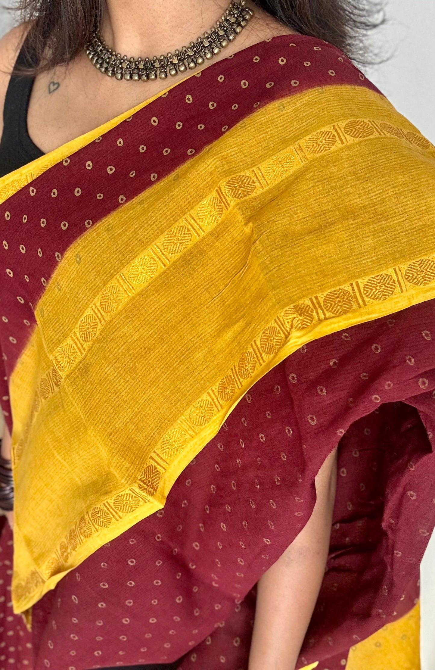 Maroon with yellow, sungudi motif and rudraksham border, madurai soft cotton - YCCOTNAUSC04
