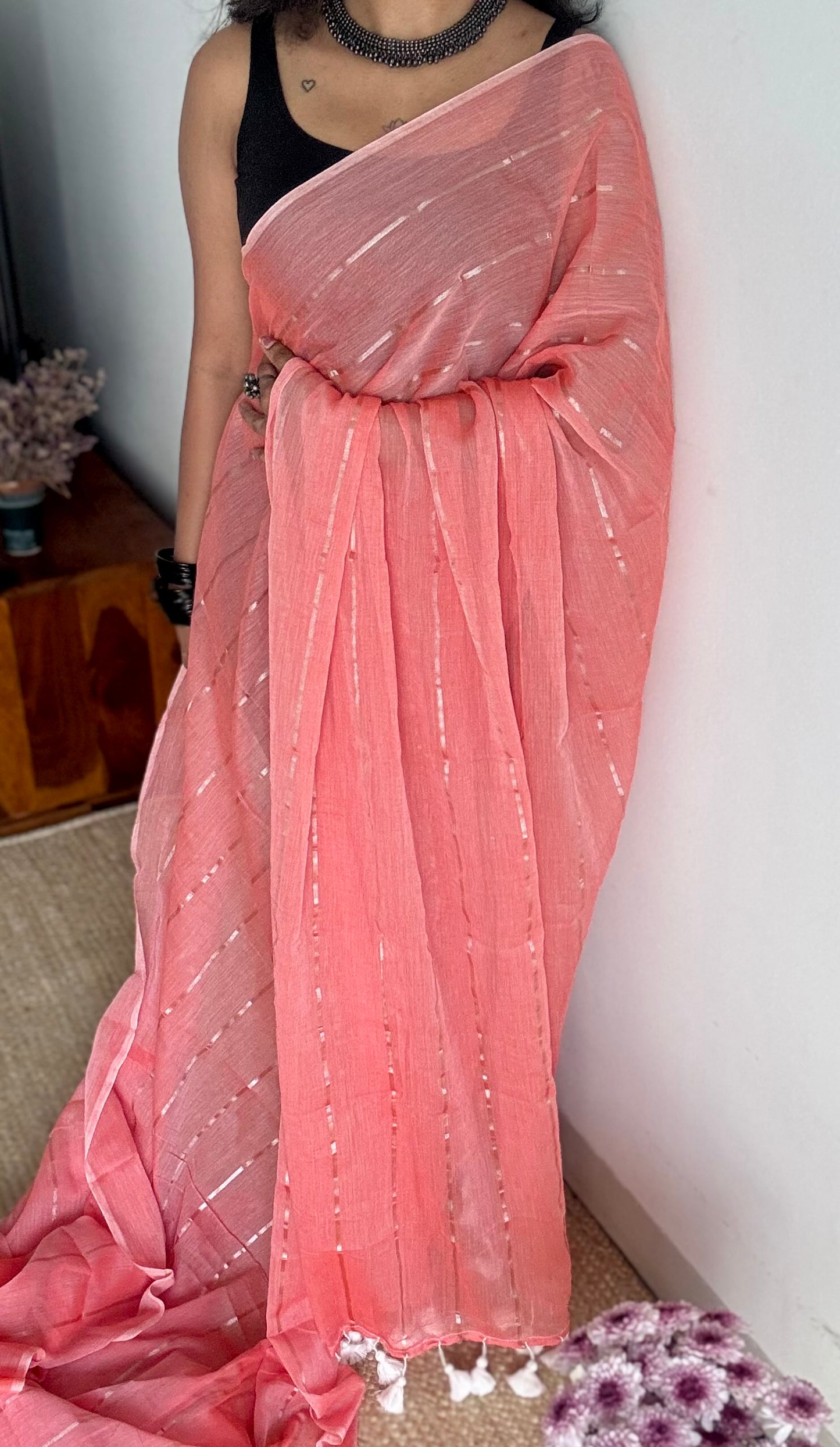 Peach Melt - pastel peach with silver zari stripes, mul cotton - YCBCJULMS08