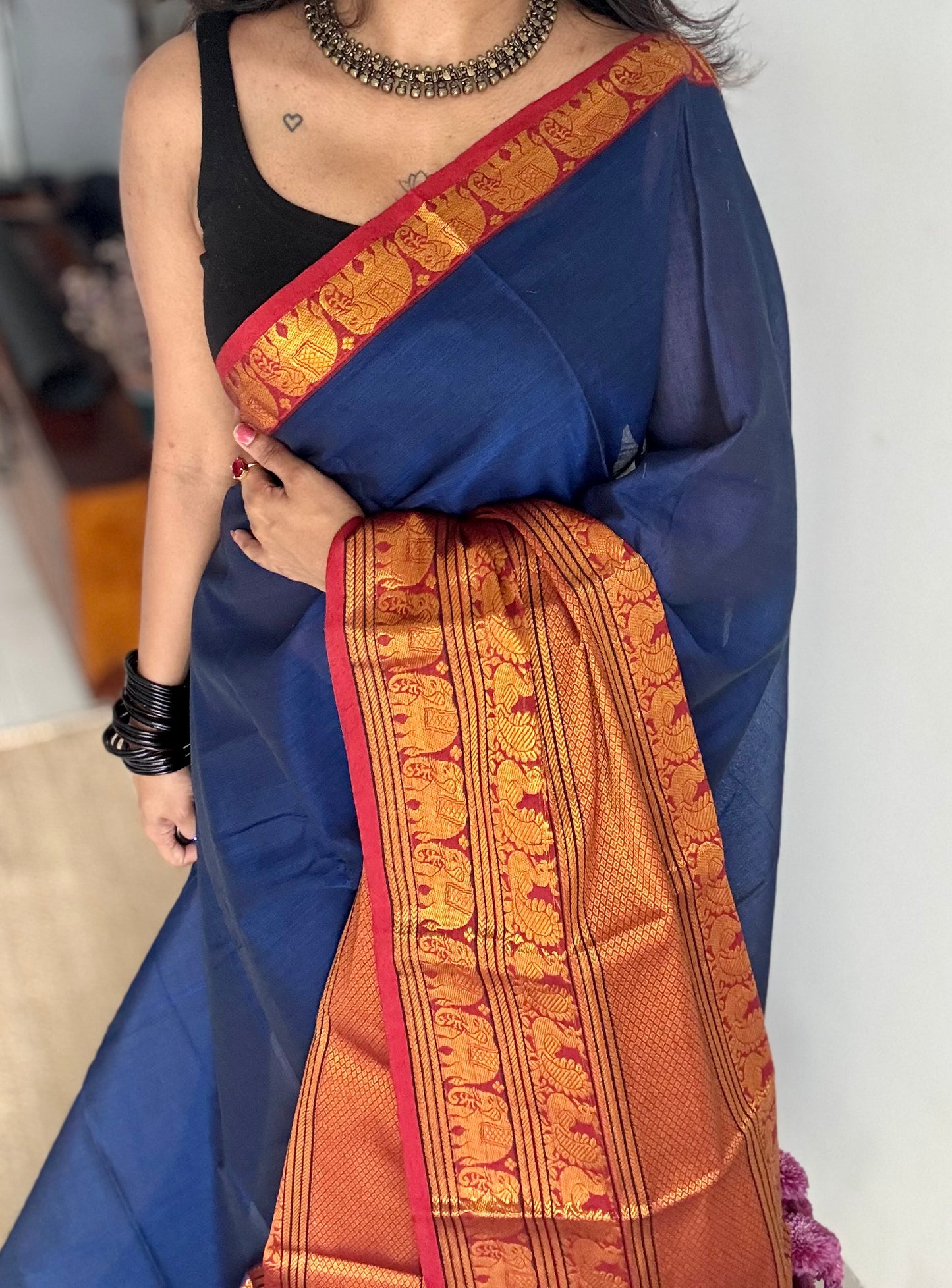Blue with broad zari border, premium narayanpet, soft cotton - YCWOTDFEBB08