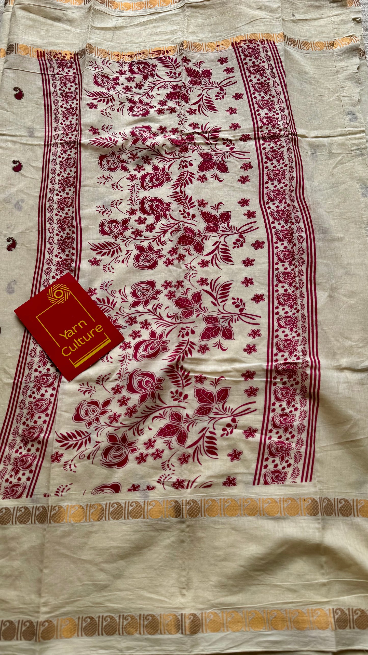 Ivory and Gold with paisley motif block printed buttas, zari border, soft Madurai cotton - YCON25MC268