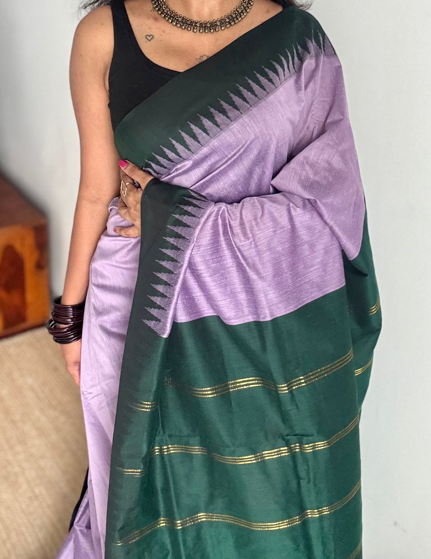 Lilac with dark green temple border - cotton silk - YCCOTNOCKCS7