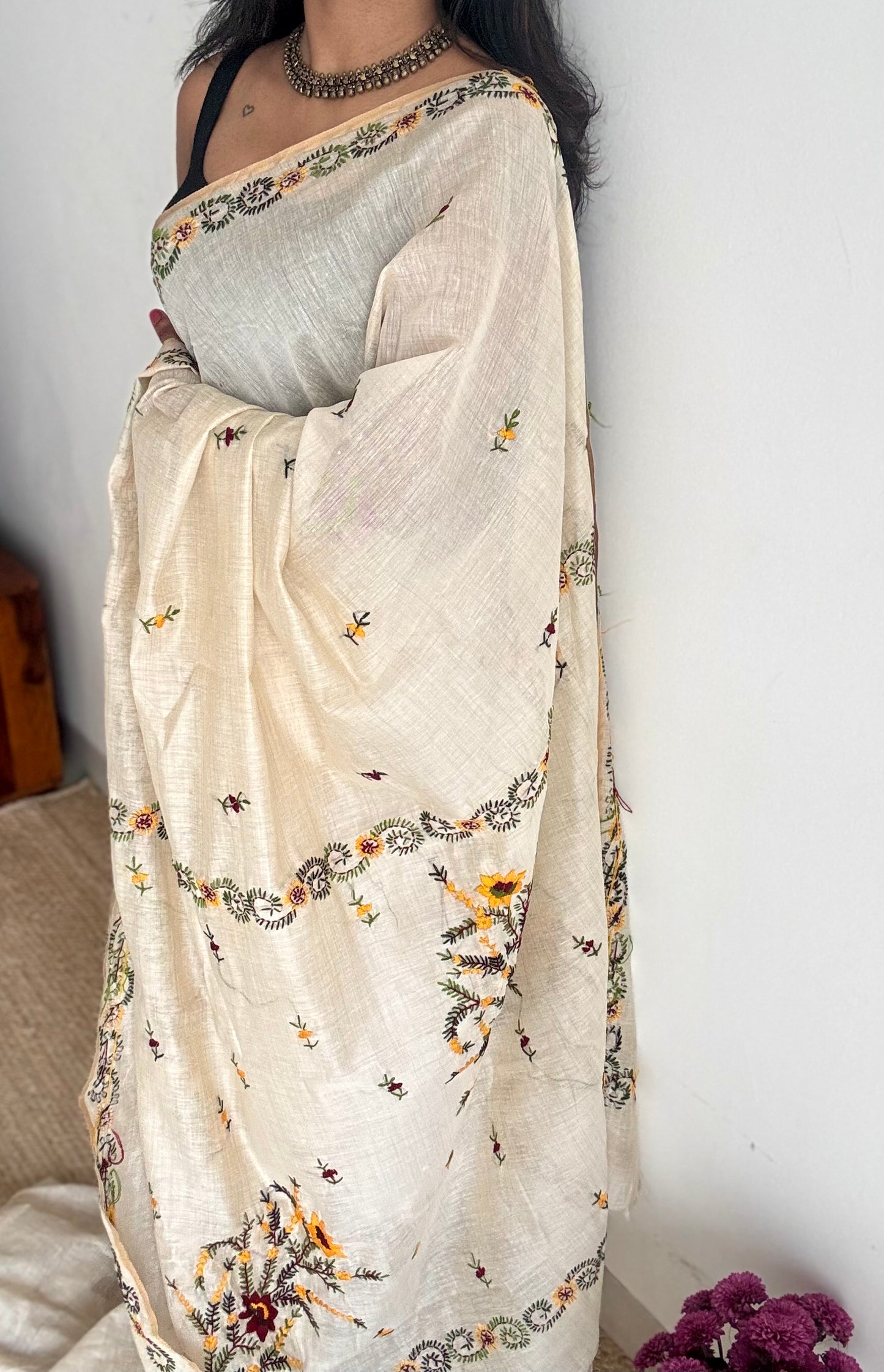 Ivory maheshwari cotton silk blend with maroon and yellow floral kantha threadwork - YCBLAUMK13
