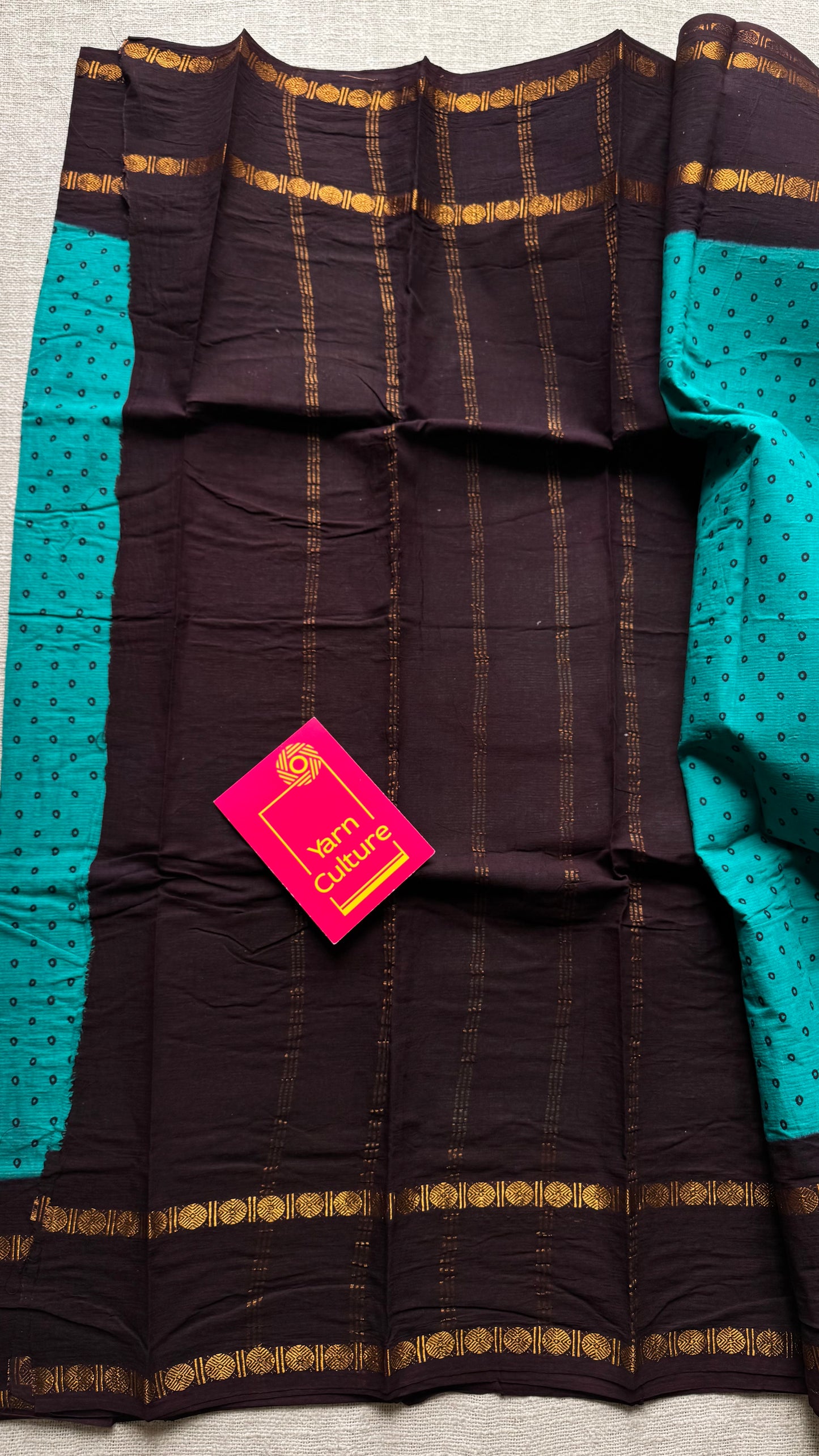 Turquoise with brown, sungudi motif and rudraksham border, madurai soft cotton - YCCOTNAUSC05