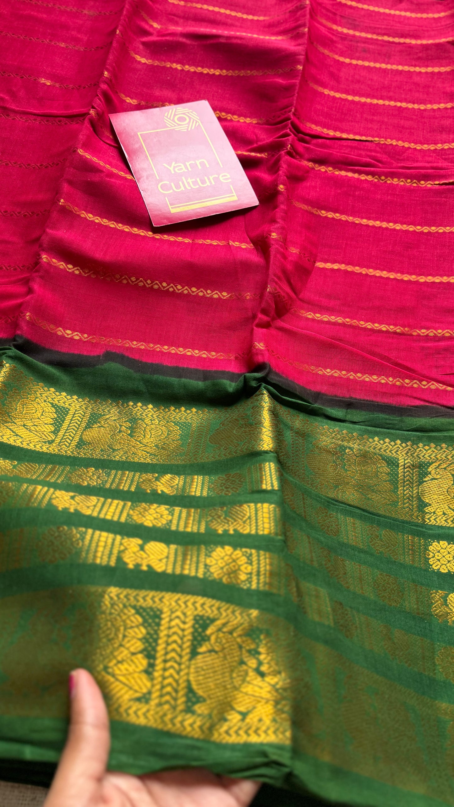Reddish pink with green, peacock rudraksham motif, single side broad zari - madurai kattuchayam dyed -YCCOTNAURS19
