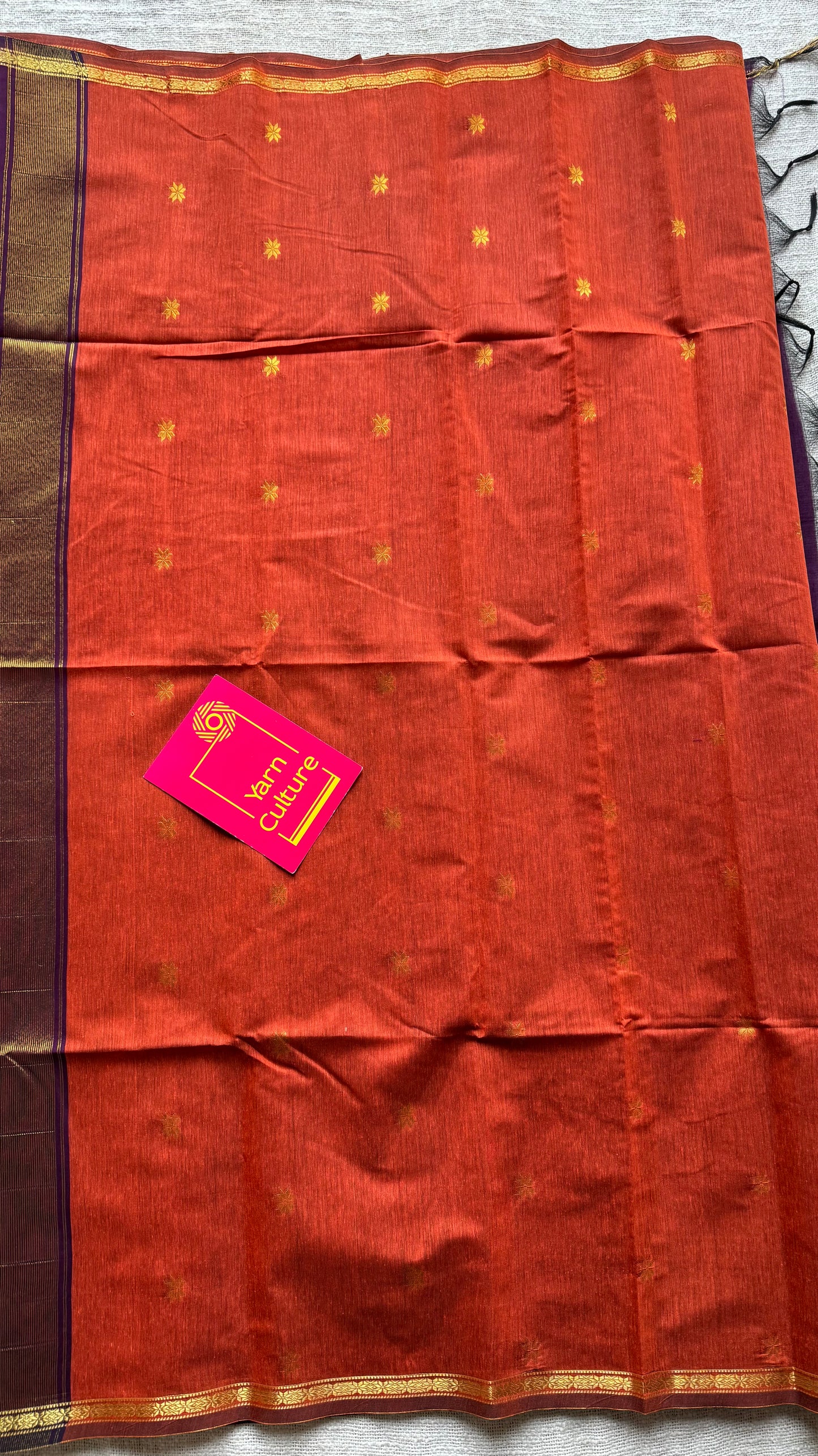 Orange with purple pink (vadamalli), gold buttas, semi maheshwari cotton silk - YCCOTNFEJUSM02