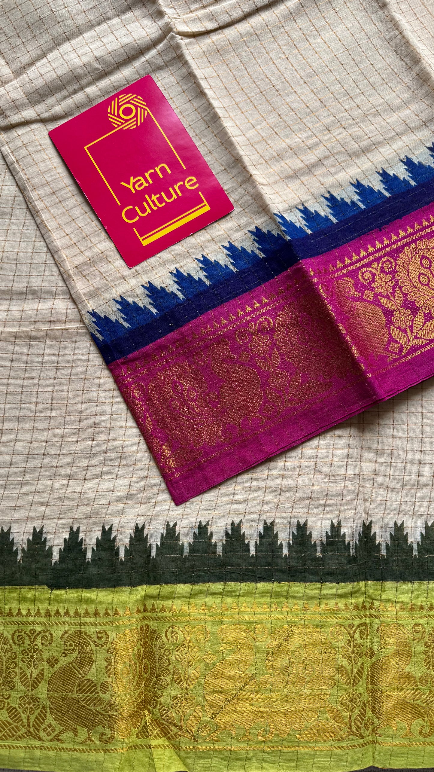 Magenta - bright green sungudi cotton checks, sandal colour base, soft cotton - YCCOTNJSUN07