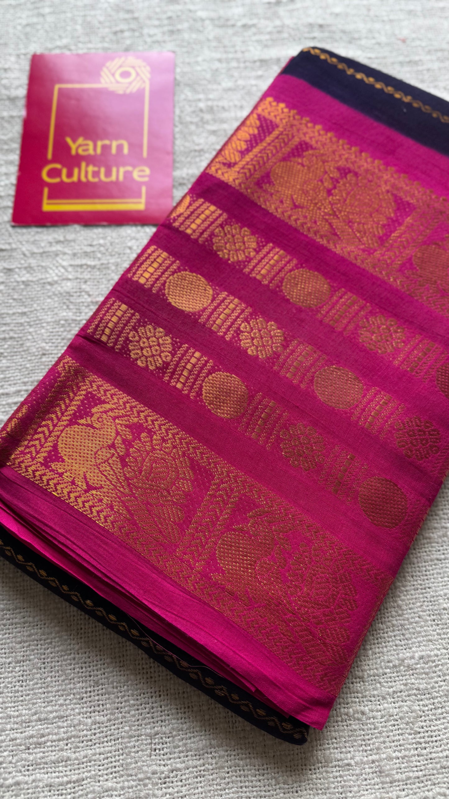 Dark blue with hot pink, peacock rudraksham motif, single side broad zari - madurai kattuchayam dyed - YCCOTNAUS24