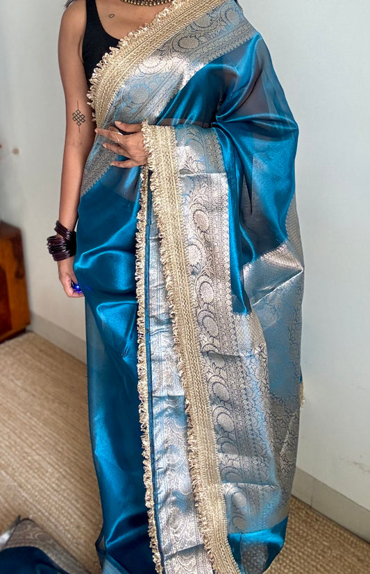 Peacock blue tissue Banarasi saree with embellished gold lace border - YCBLTOC77