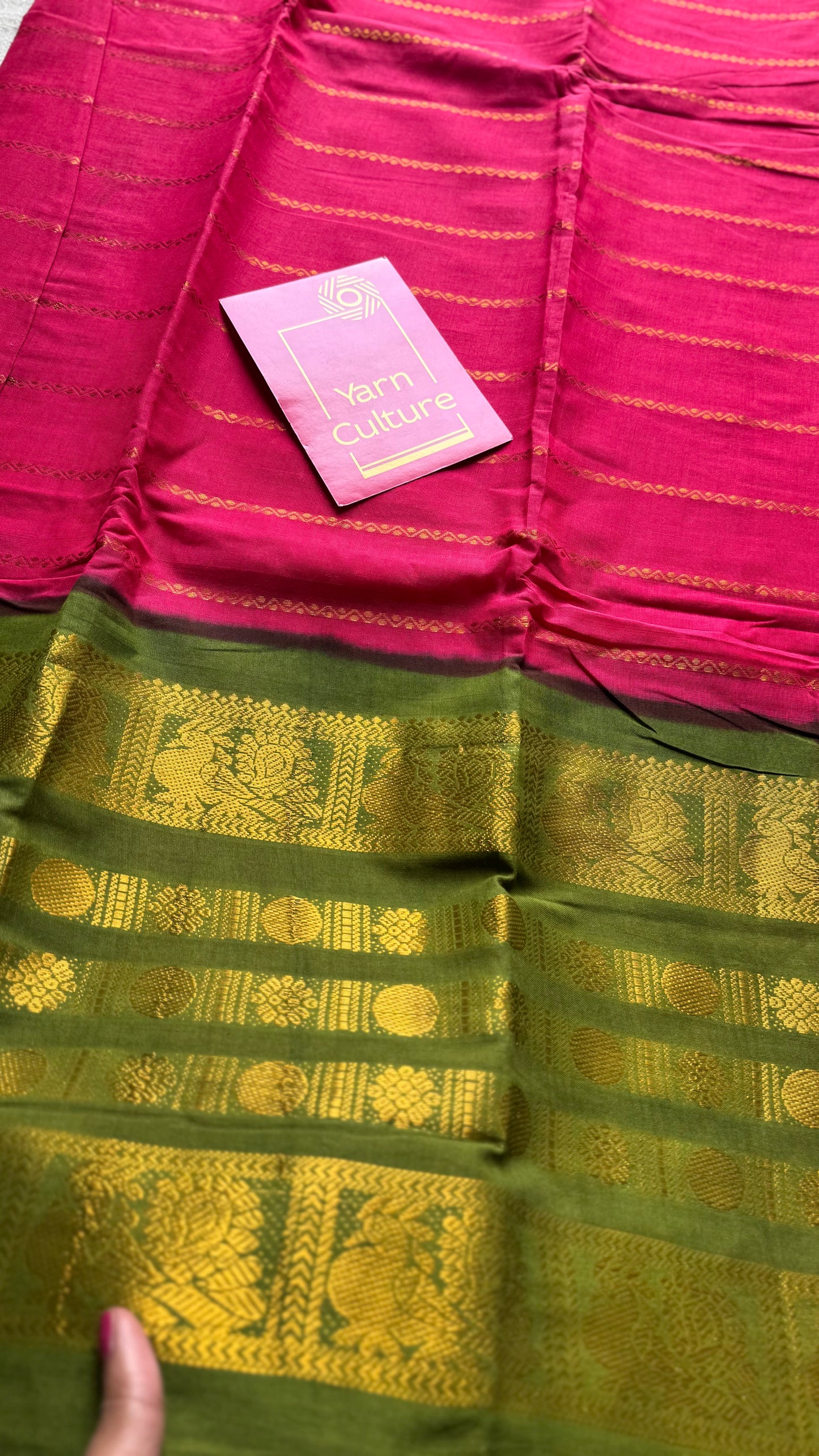 Reddish pink with green, peacock rudraksham motif, single side broad zari - madurai kattuchayam dyed - YCCOTNAUS34