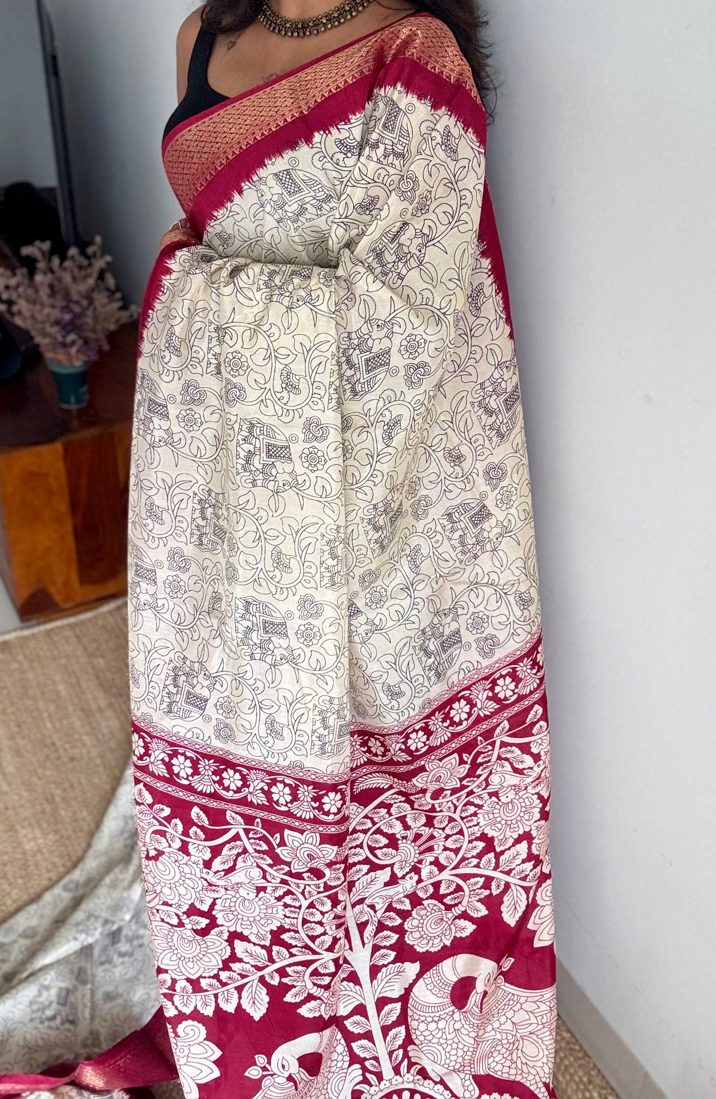 White and red contrast, printed kalamkari, semi-tussar - YCWOTDSTK03