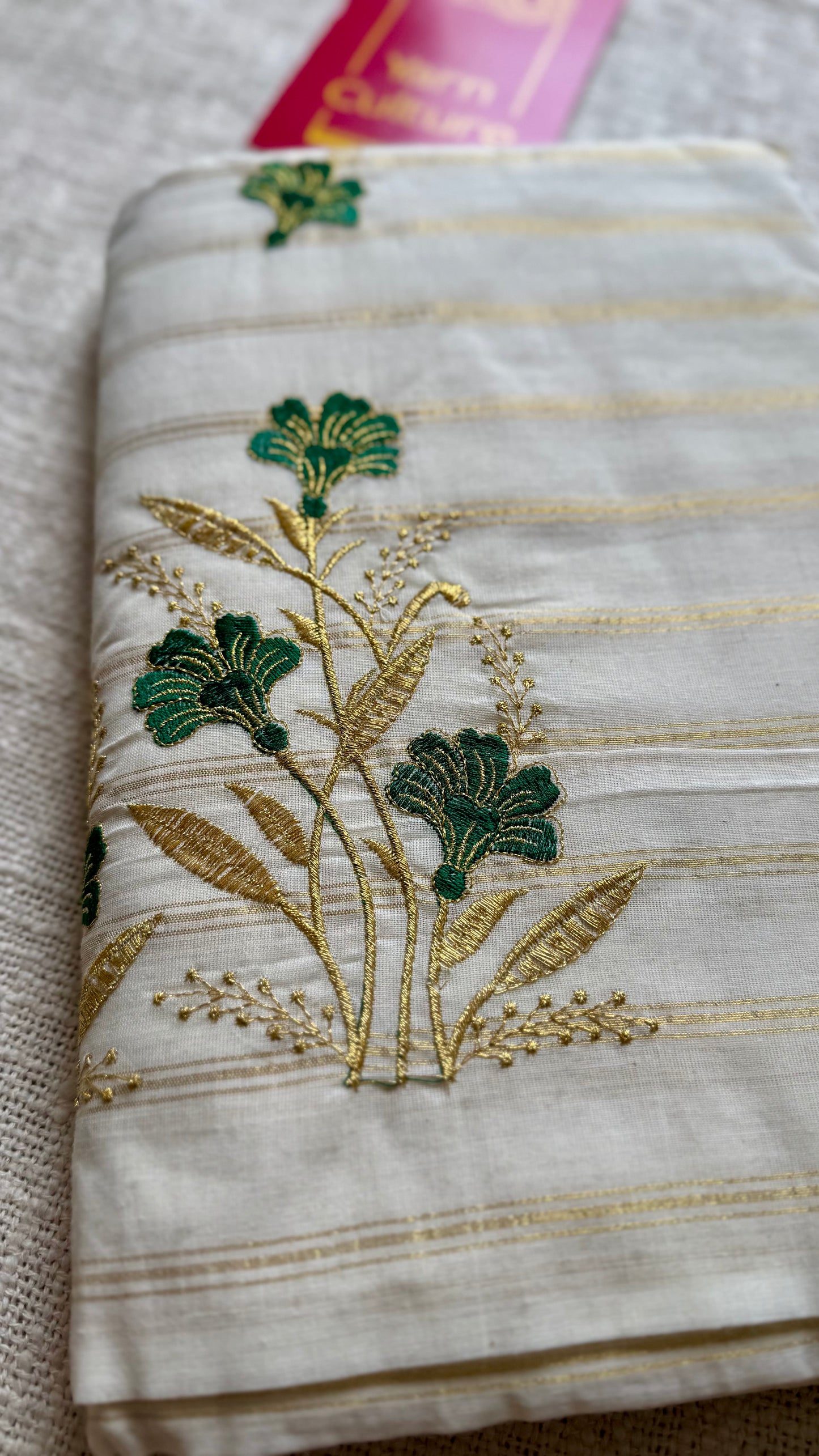 Ivory and gold with green flower embroidery, striped zari, kerala cotton - YCON25KCSFE260