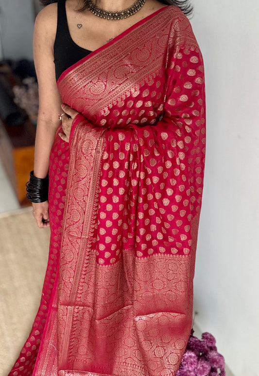 Vermilion - Bright red, antique gold zari, Banarasi semi georgette - YCBLFEGAGZ17