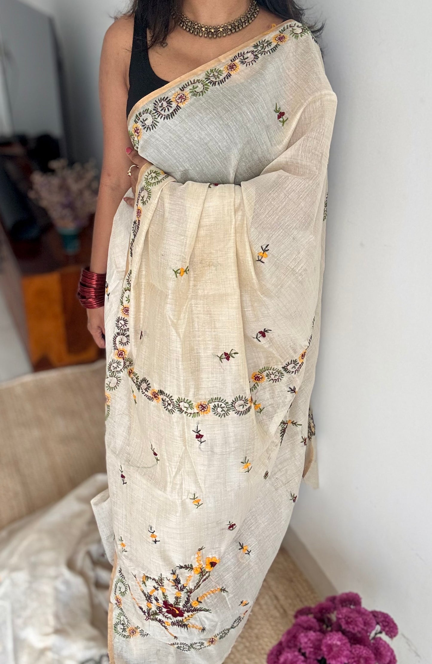 Ivory maheshwari cotton silk blend with maroon and yellow floral kantha threadwork - YCBLAUMK13