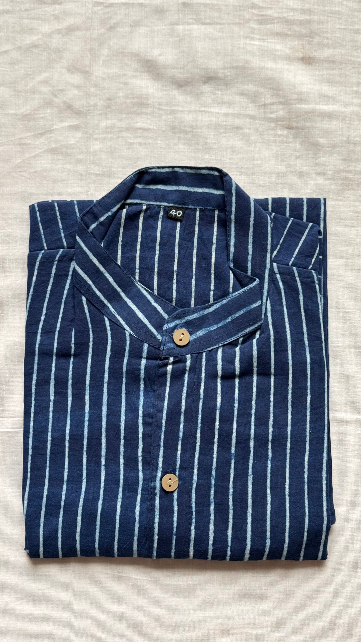 Indigo Striped Block Printed Cotton Men's Half Sleeve Mandarin Collar Kurta Shirt - YCMSEIE186