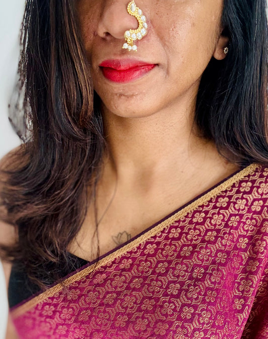 Gold plated, white coloured stone, clip on Maharashtrian nath - YCGPNC209