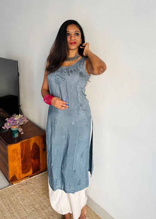 Dark grey muslin chikankari with bakhiya work, stitched kurta, round neck, sleeveless - YCSECKJA175