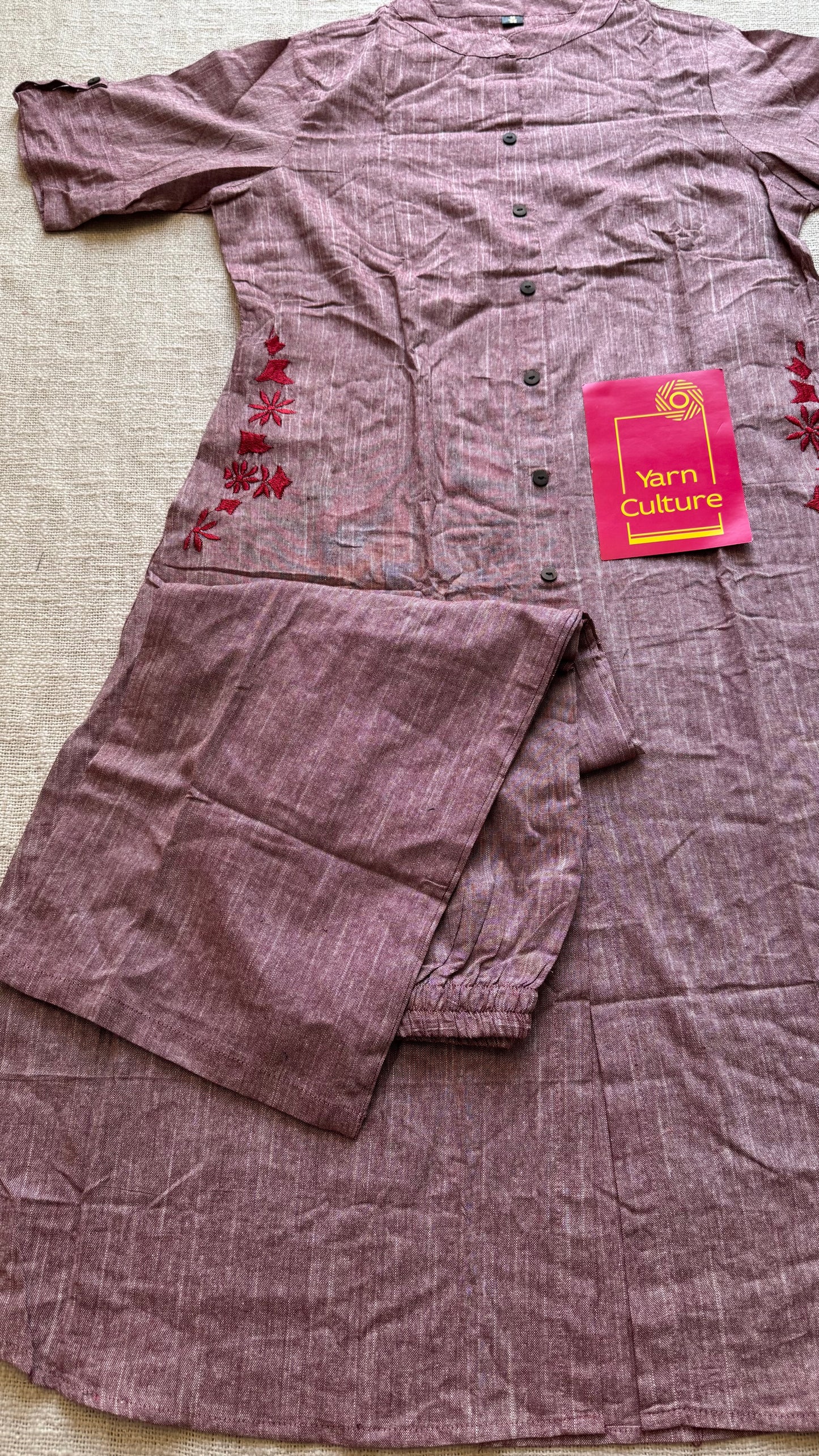 Mauve cotton collared stitched kurta co-ord set, elbow sleeves -YCSEBPSFE243