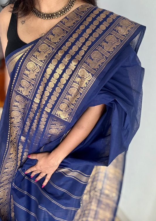 Dark blue with single side broad zari border, chettinad cotton - YCCOTNAUC55