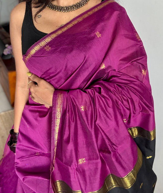 Grape wine with black, gold buttas, semi maheshwari cotton silk - YCCOTNCSDE86