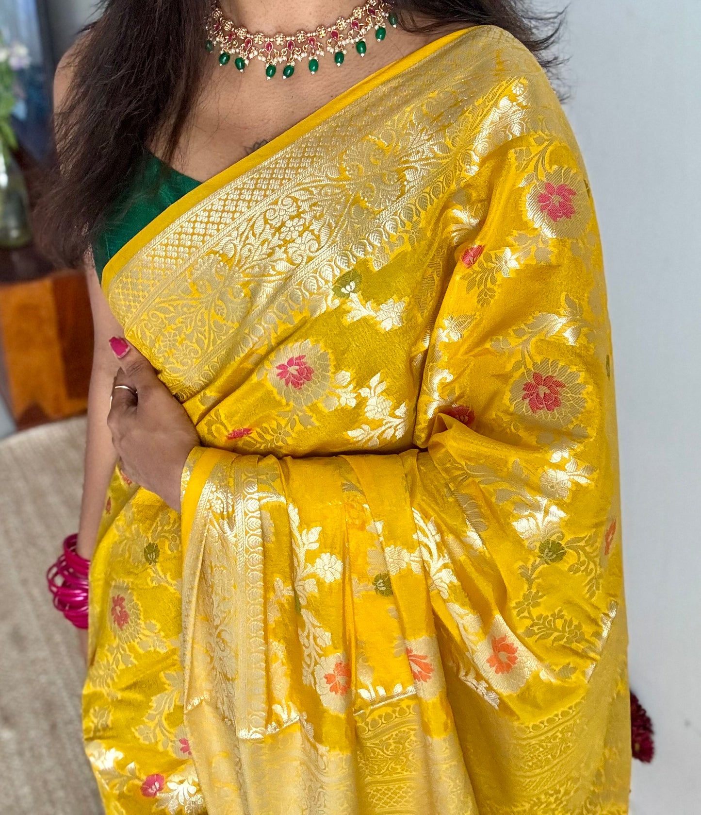 Yellow meenakari floral pattern in silver zari, Banarasi katan dupion silk - YCDESE11