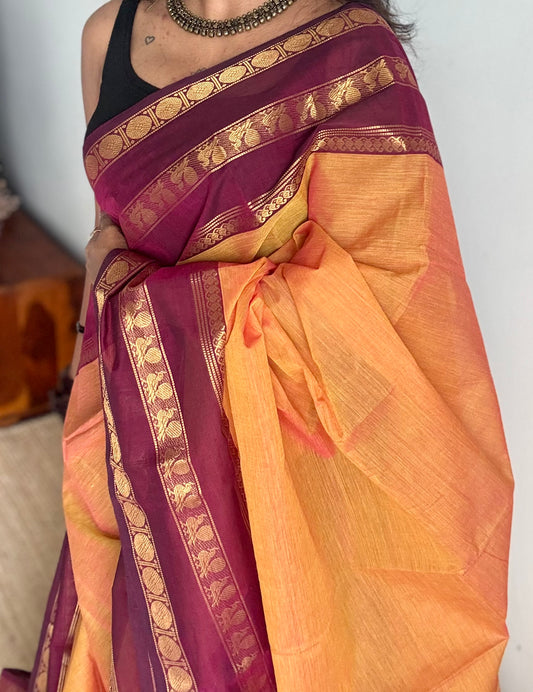 Light orange with maroon contrast border, chettinad cotton - YCCOTNOCCC02