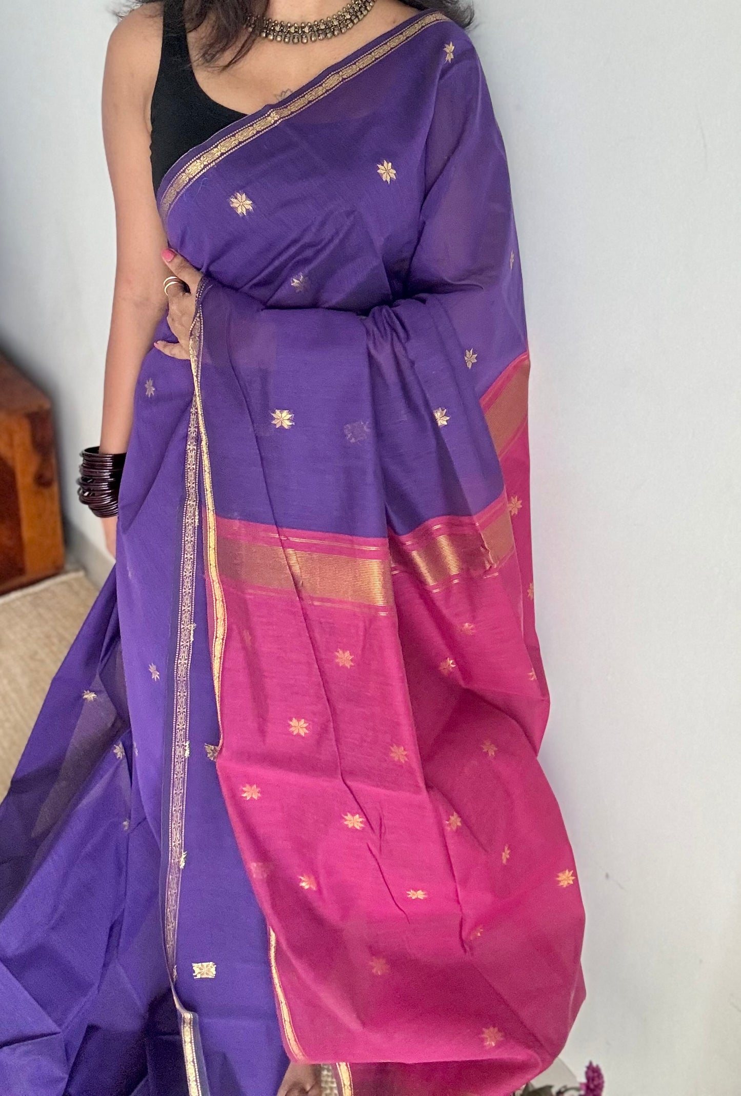 Purple with dark pink, gold buttas, semi maheshwari cotton silk - YCCOTNFEJUSM03