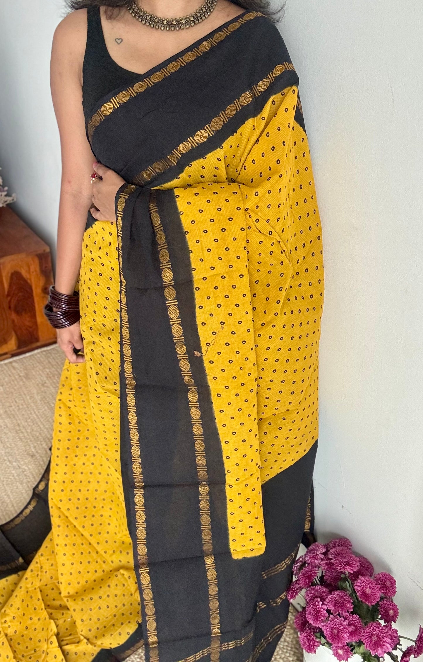 Yellow with black, sungudi motif and rudraksham border, madurai soft cotton - YCCOTNAUSC02