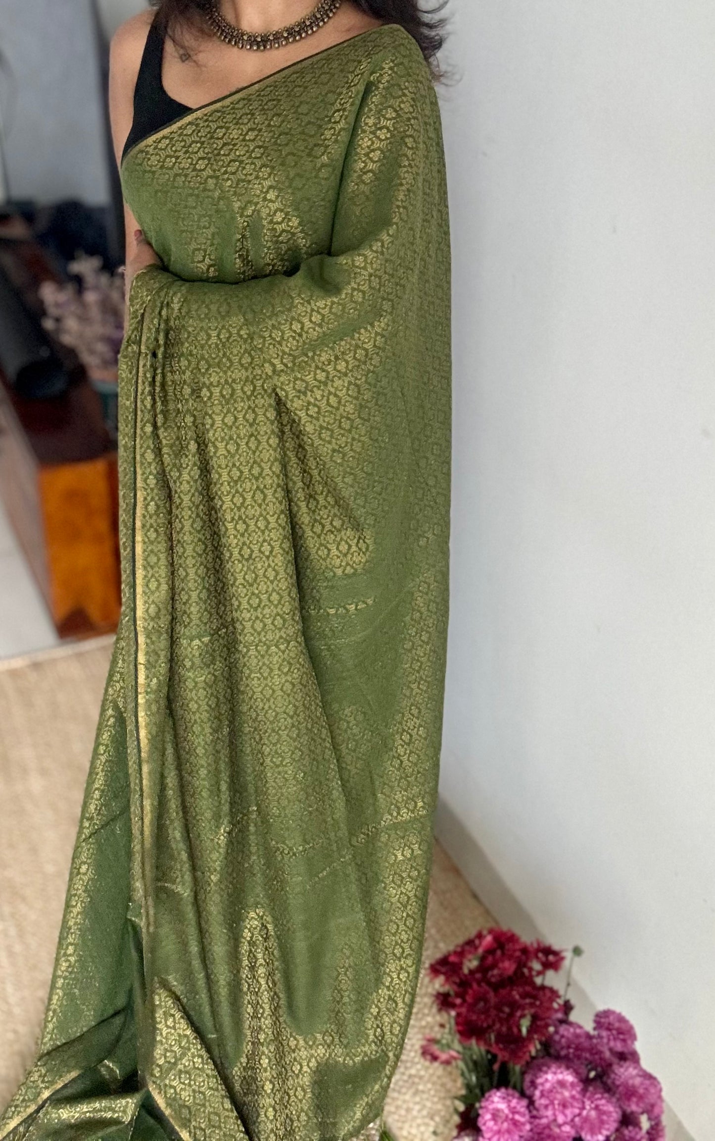 Green and gold brocade pattern in mul - YCBCFEJUBM03