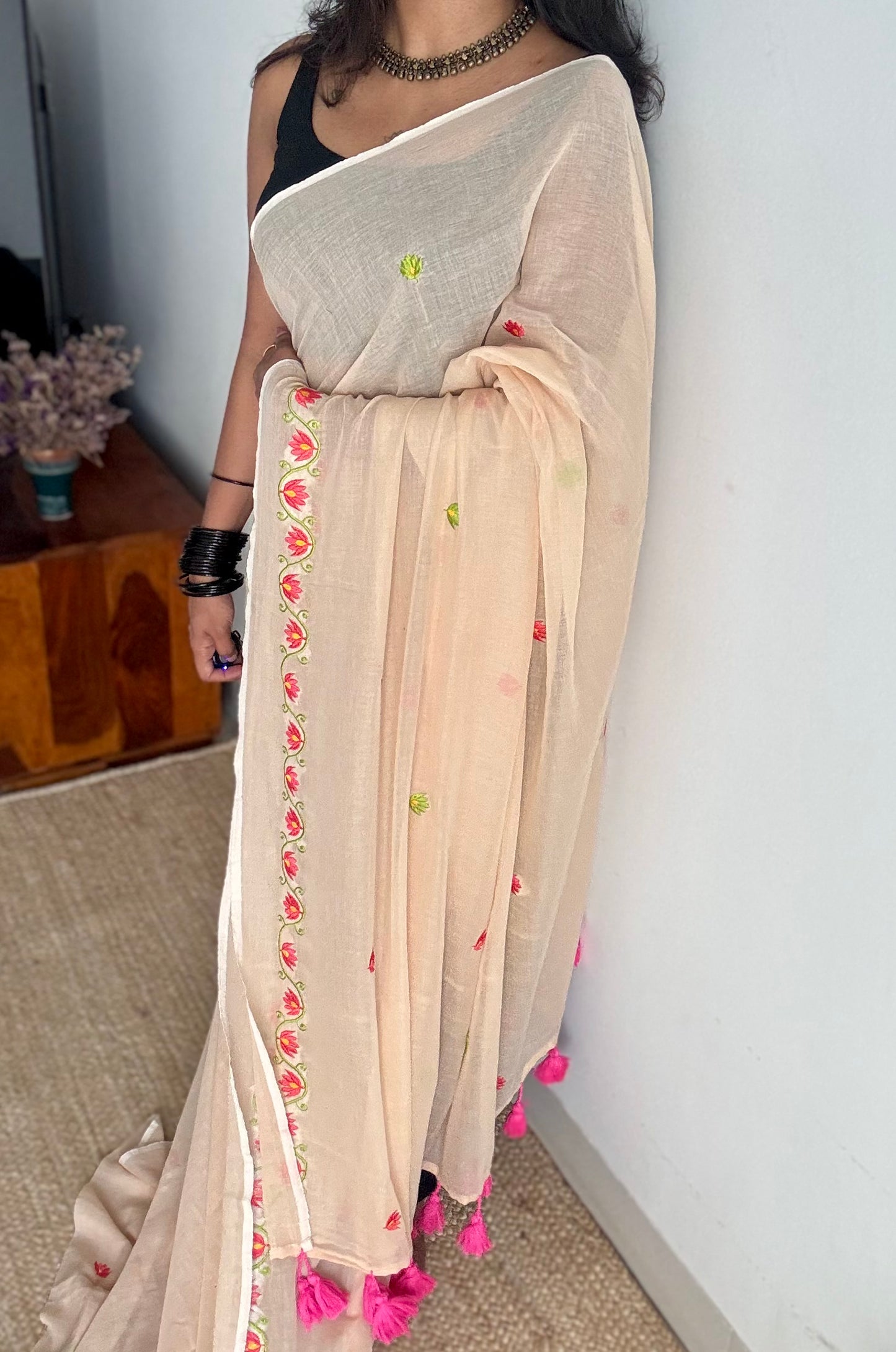 Sandal with lotus embroidery, mul cotton - YCBCJULSC04