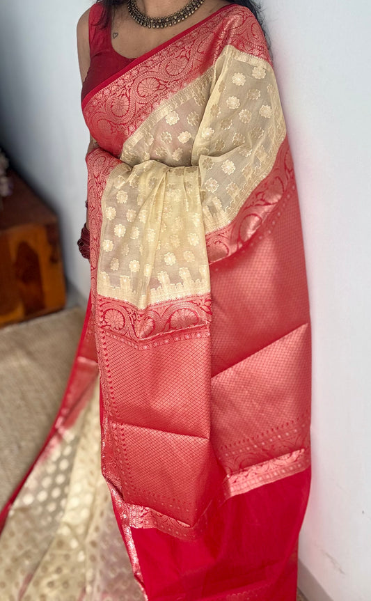 Cream with red contrast borders, banarasi semi georgette - YCBCDP19