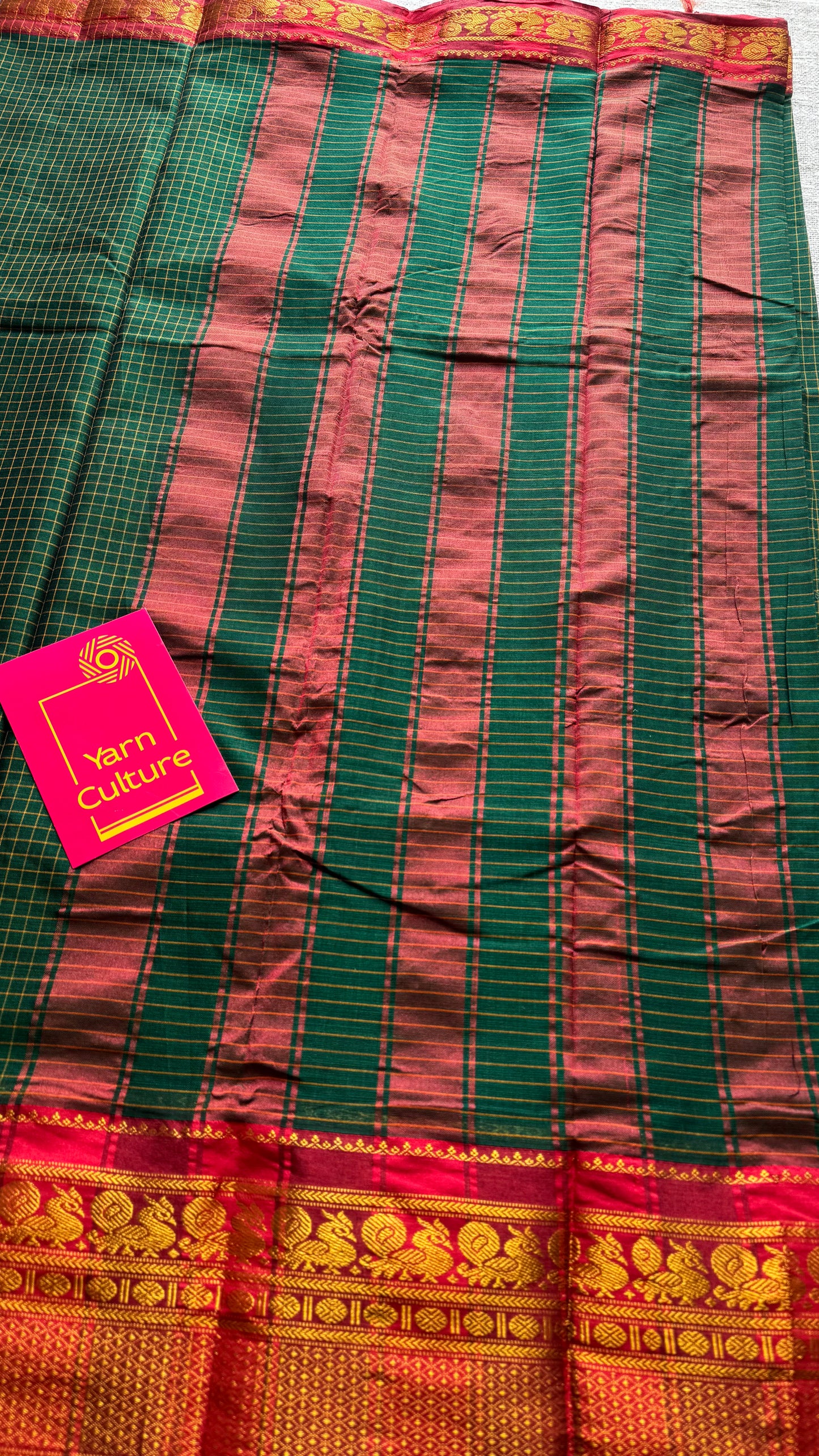 Dark green checks with zari border, premium narayanpet, soft cotton - YCWOTDOCNP01