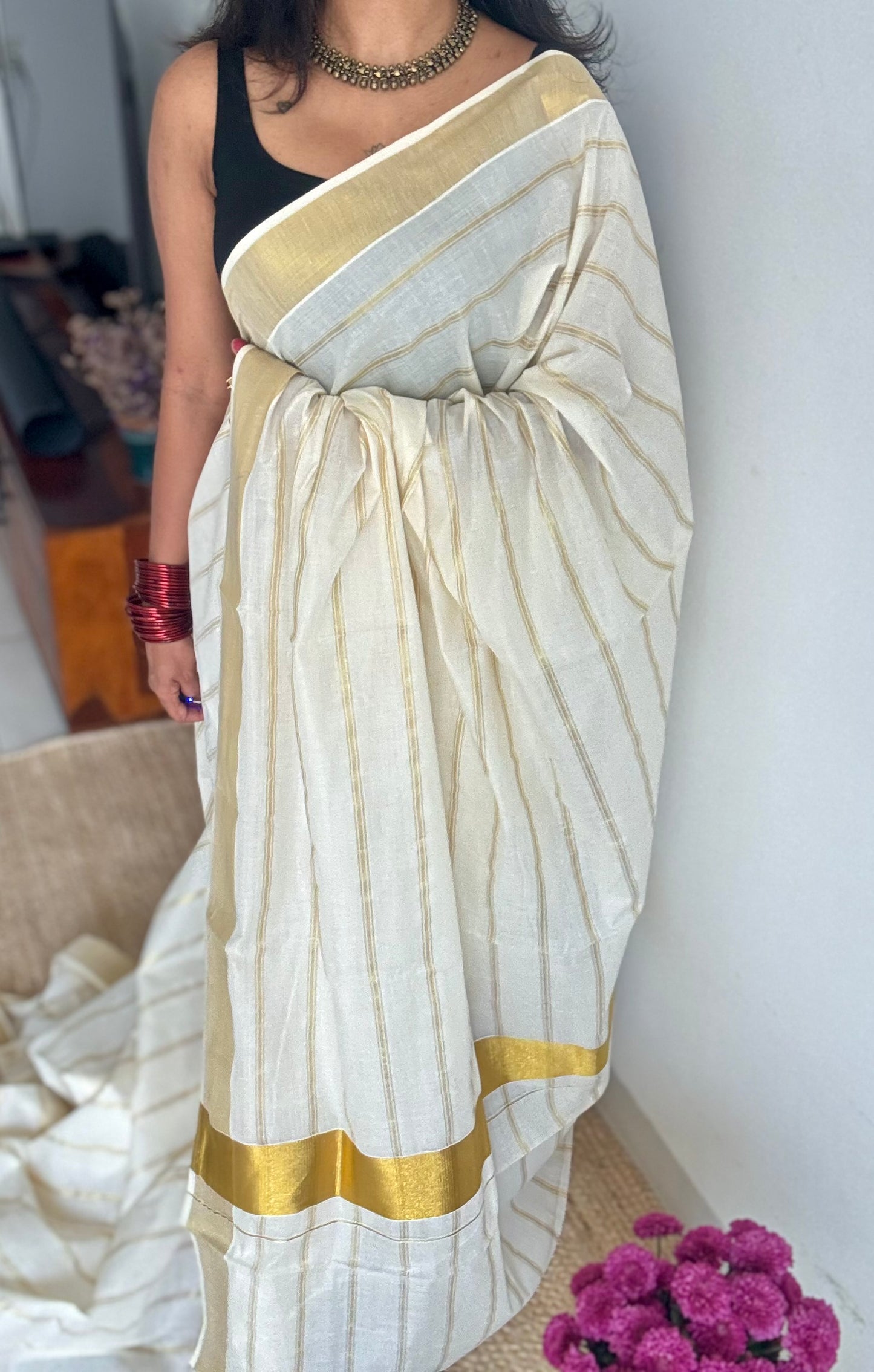 Ivory and gold stripes, kerala soft cotton - YCON25MC270