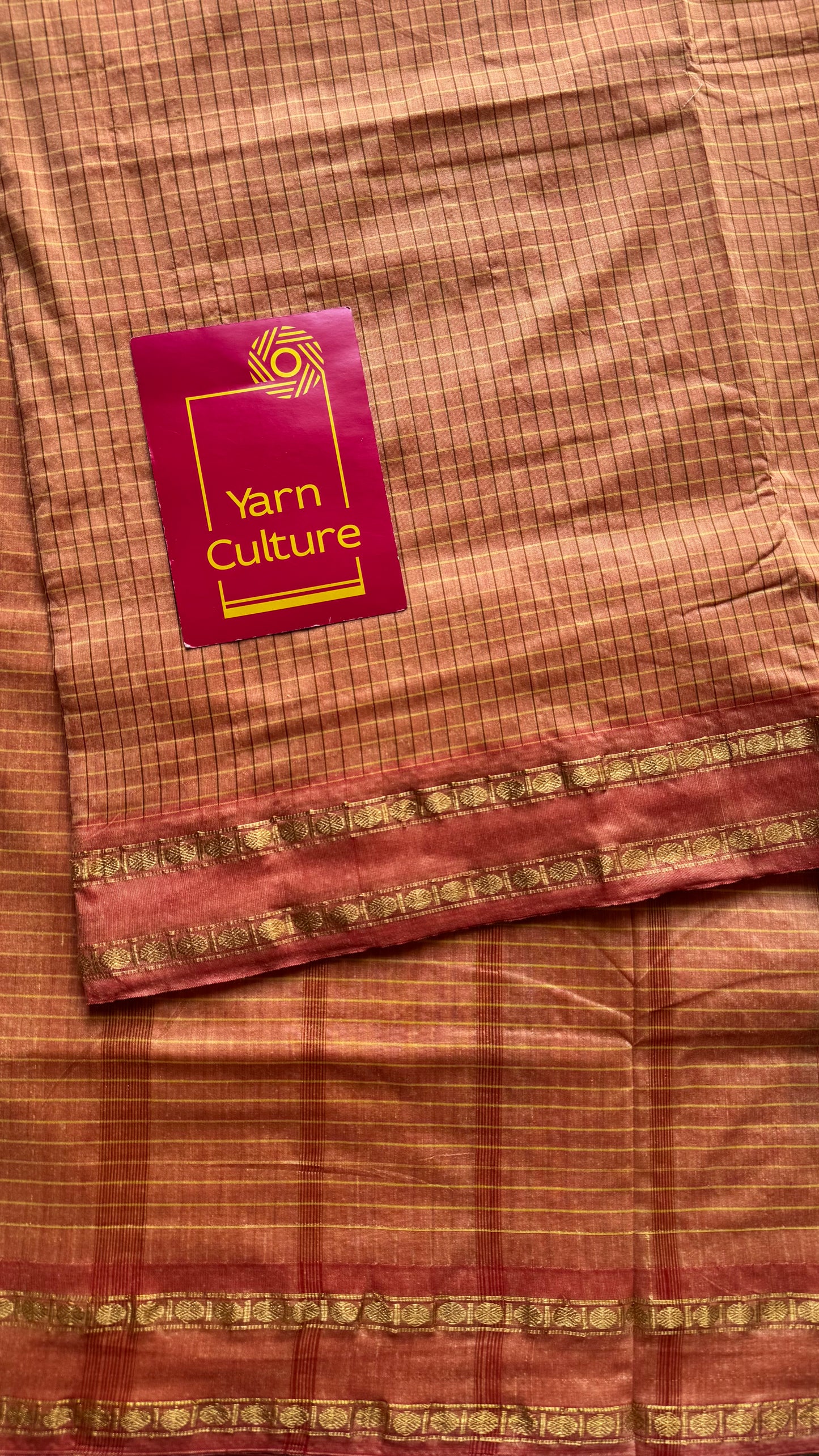Salmon peach, arani checks, cotton silk - YCCOTNOCAR10