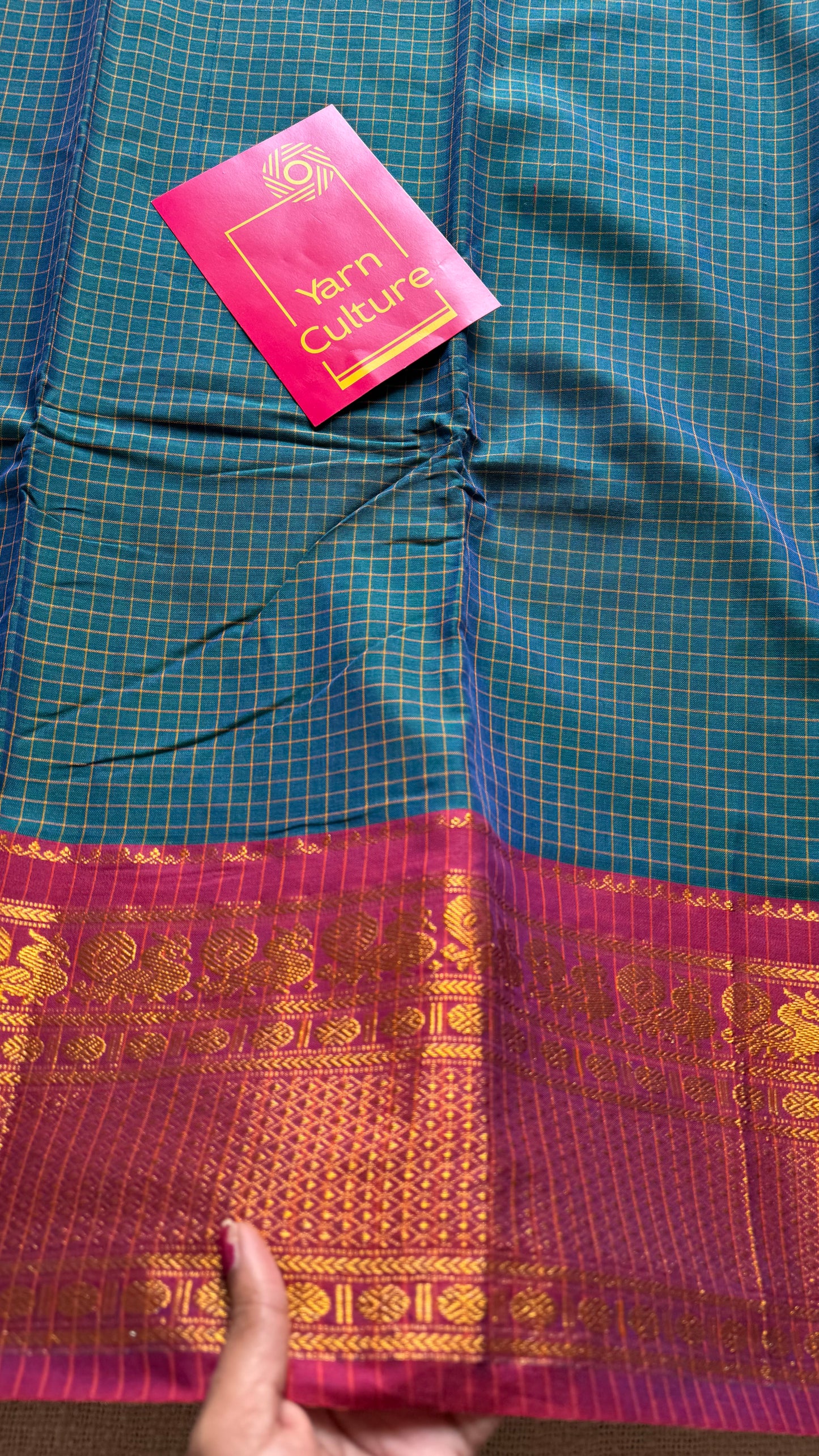 Teal checks with zari border, premium narayanpet, soft cotton - YCWOTDOCNP03