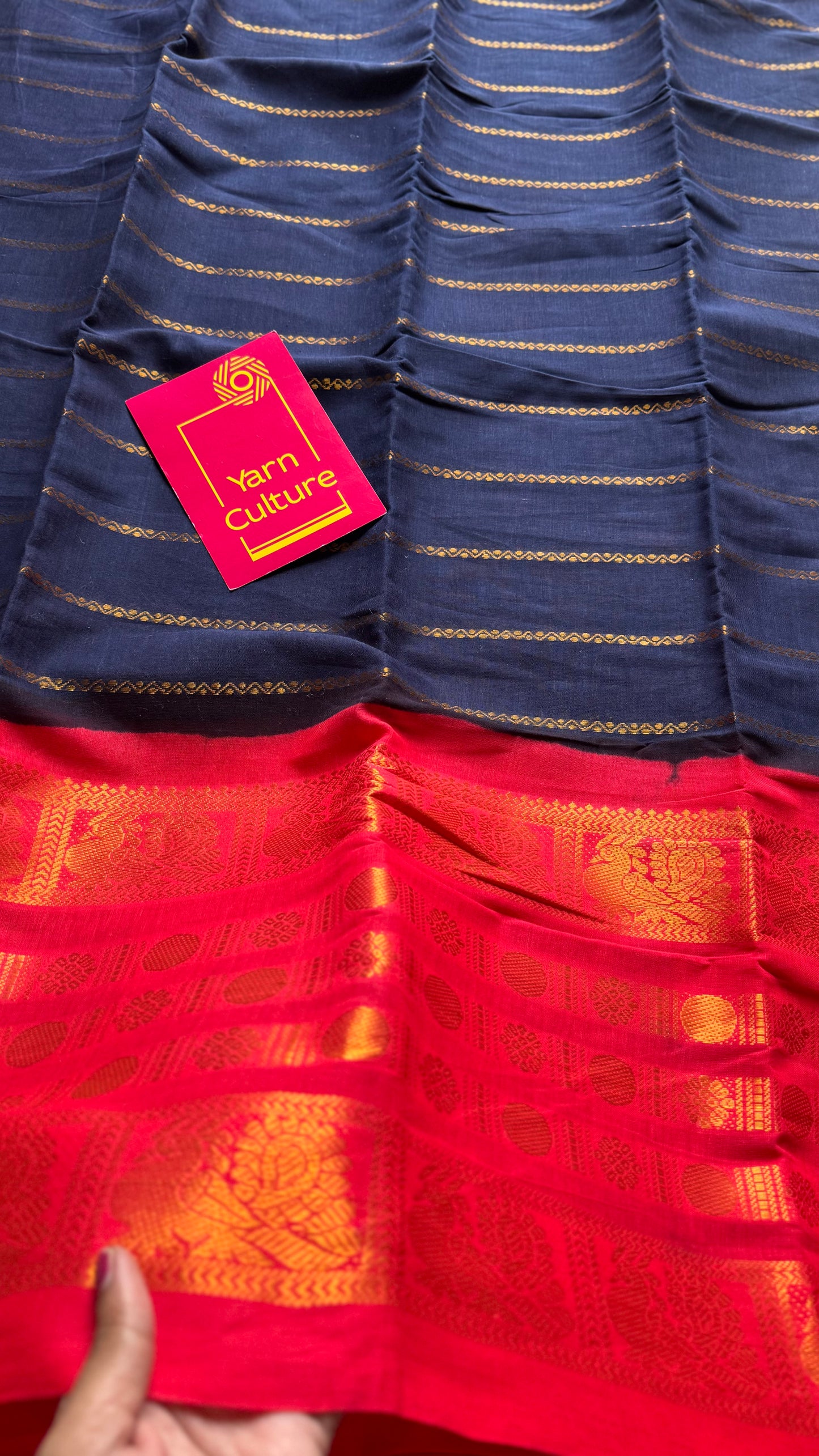 Dark blue, bright red, peacock rudraksham motif, single side broad zari - madurai kattuchayam dyed - YCCOTNAURS15