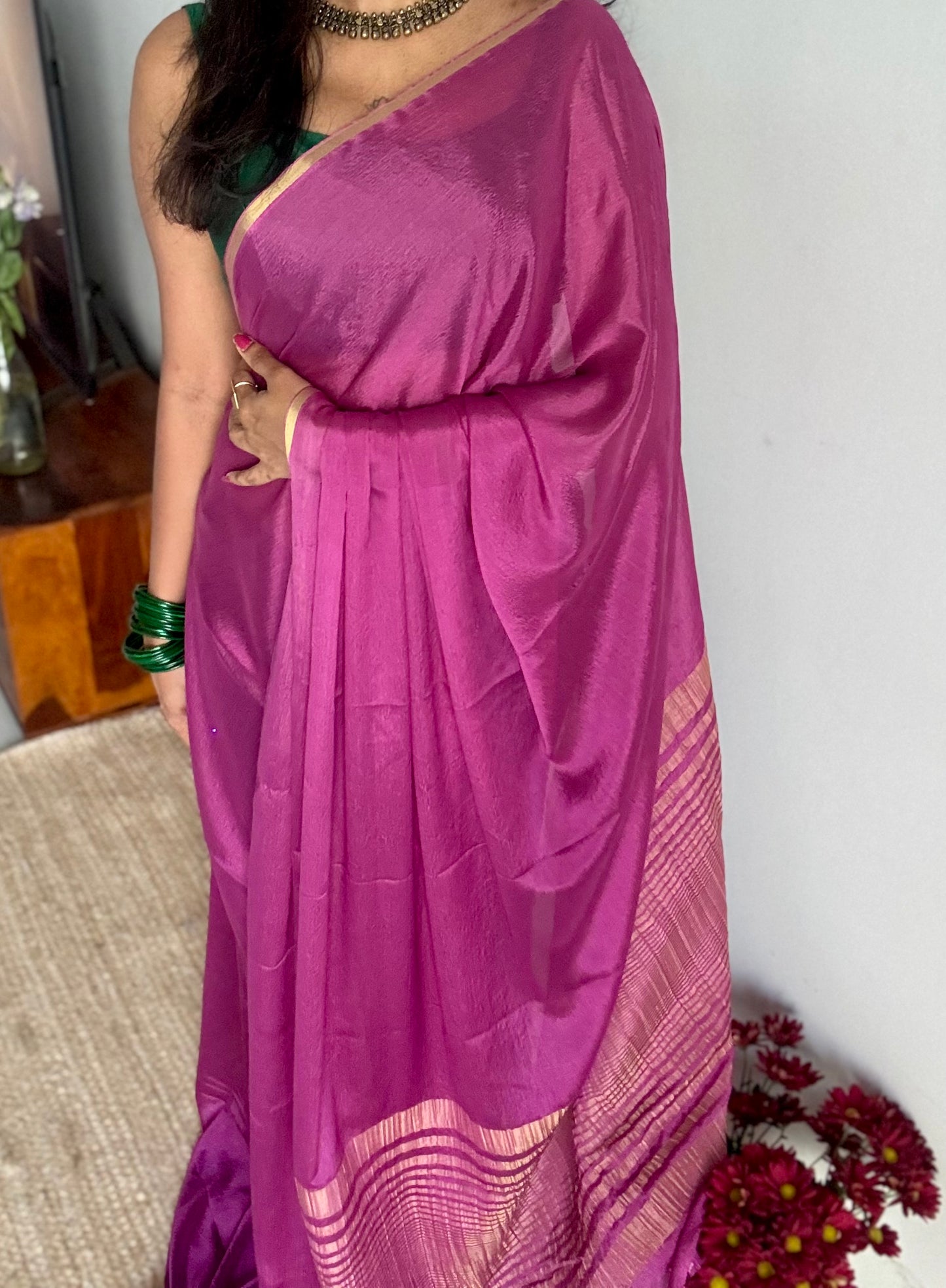 Dusty pink chiffon with thin gold zari border - YCDESE22