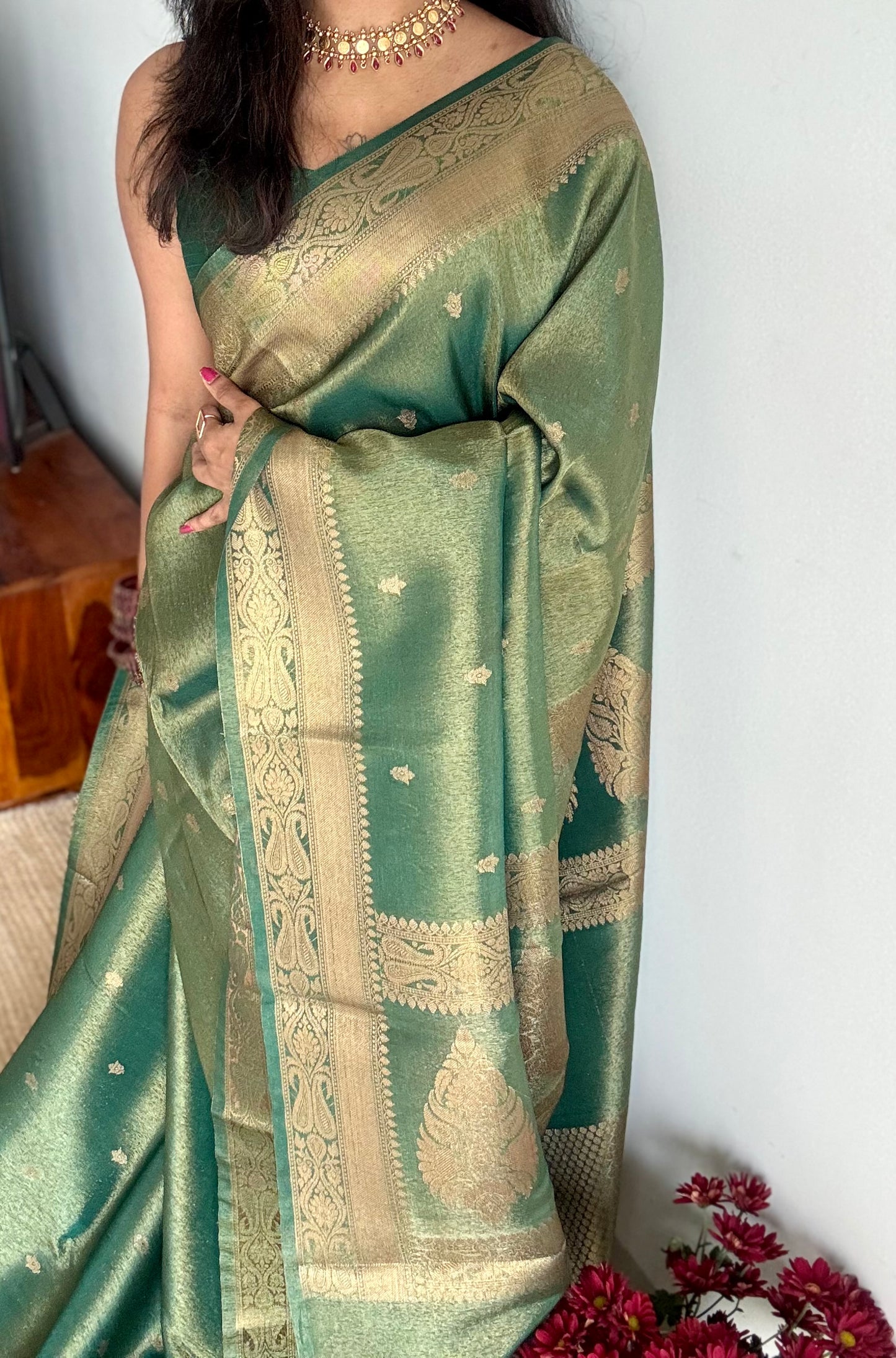 Green with gold dual tone, Banarasi semi-silk - YCDESE07