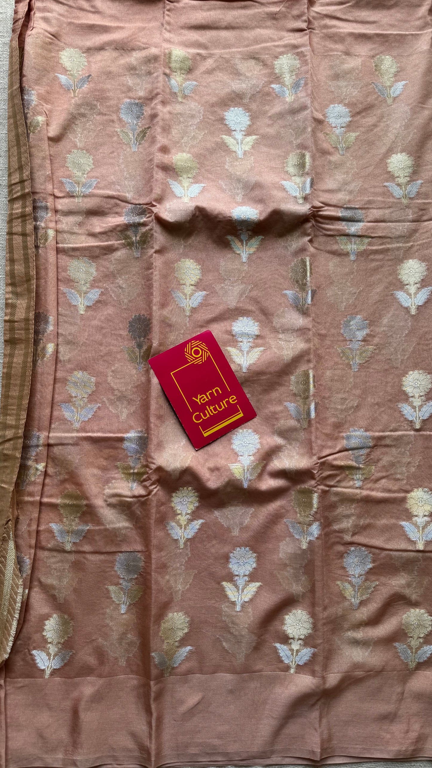 Salmon pink with gold and silver floral buttas, Banarasi semi-crepe silk - YCDESE53