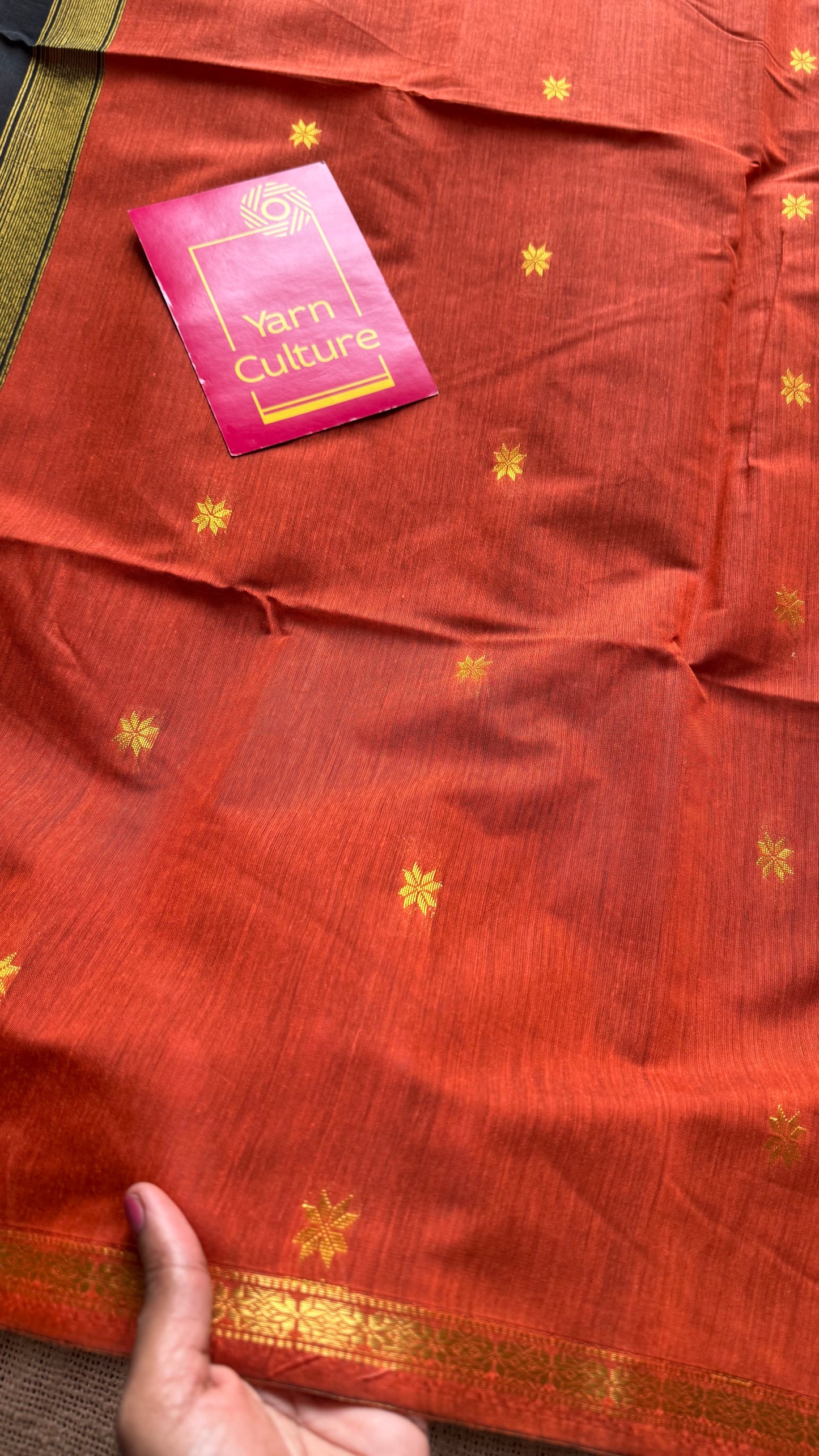 Orange with black, gold buttas, semi maheshwari cotton silk - YCCOTNFEJUSM01