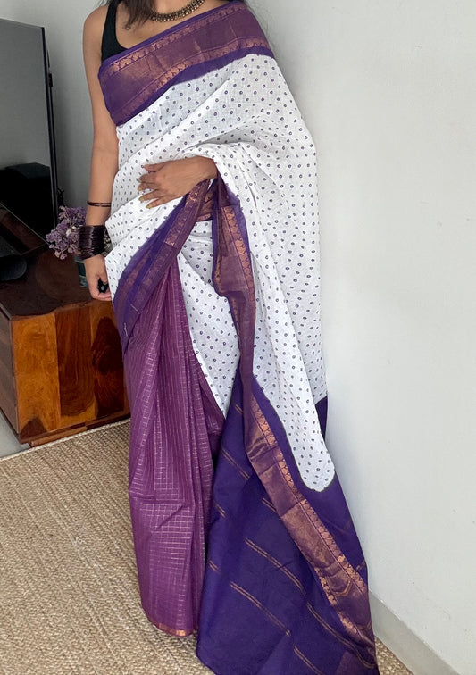 White with purple, sungudi cotton half-half saree - YCCOTNMSFE373