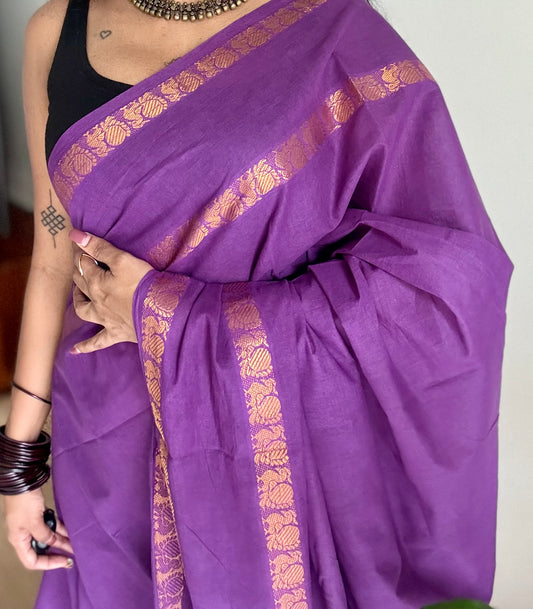 Purple rettaipettu peacock gap border, kattuchayam dyed madurai cotton saree - YCCOTNMSJUL03