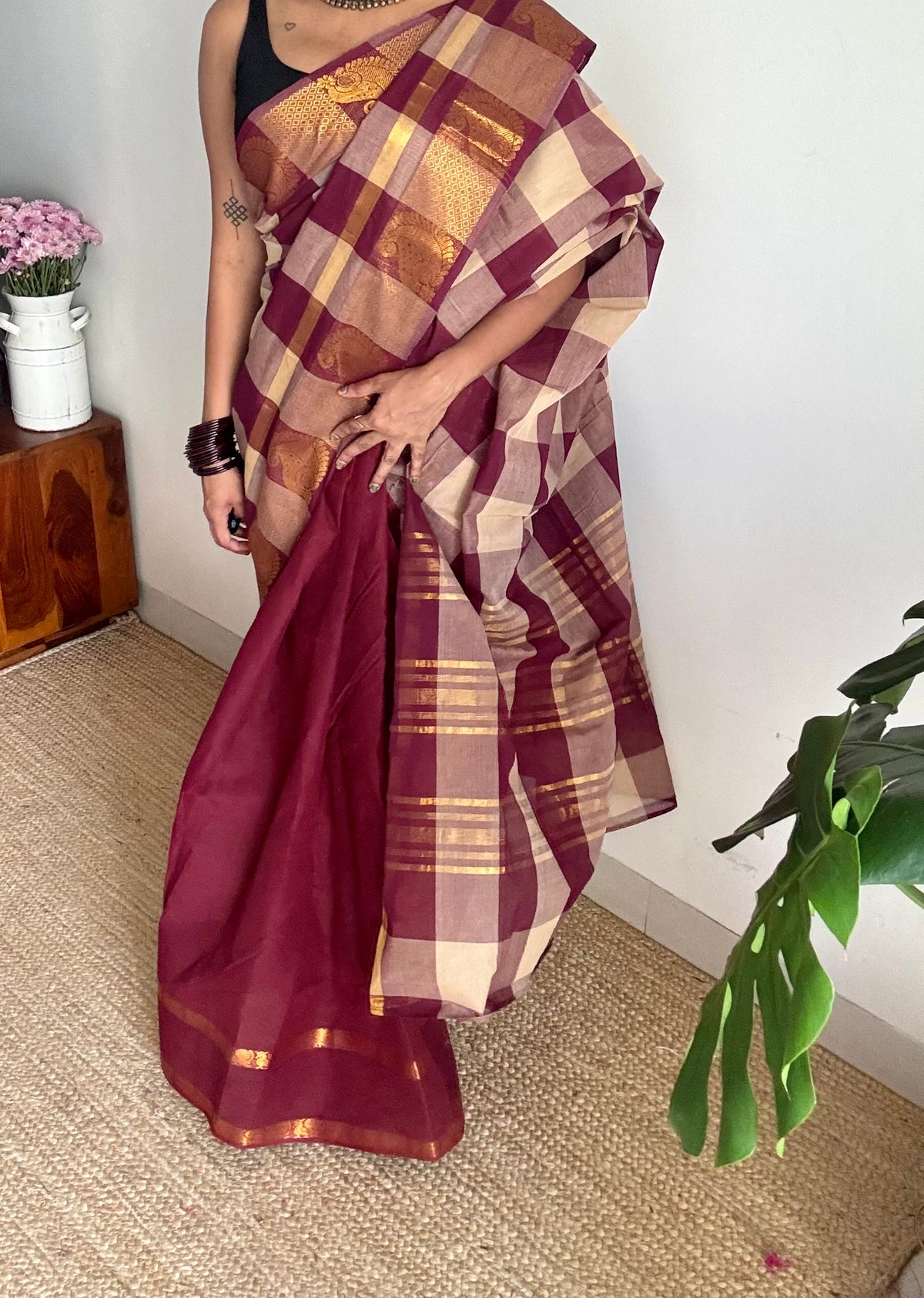 Multicoloured checks with maroon, cotton half and half saree - YCCOTNIDOC127