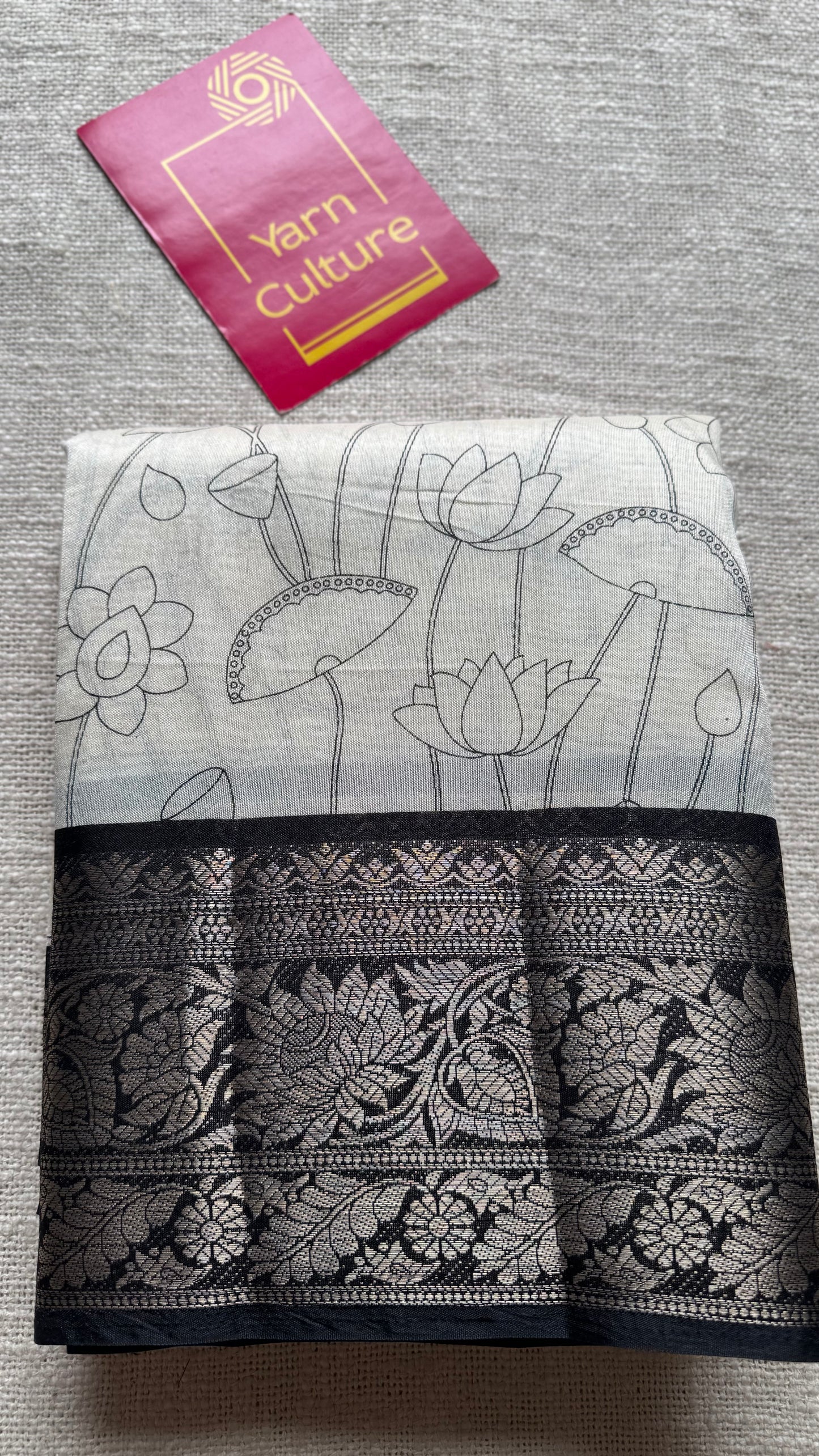 Off white and black, printed kalamkari, lotus motif, semi-tussar - YCWOTDSTK05