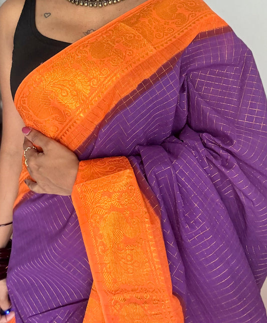 Purple with orange contrast zari checkered sungudi, kattuchayam dyed madurai cotton - YCCOTNMSAP195